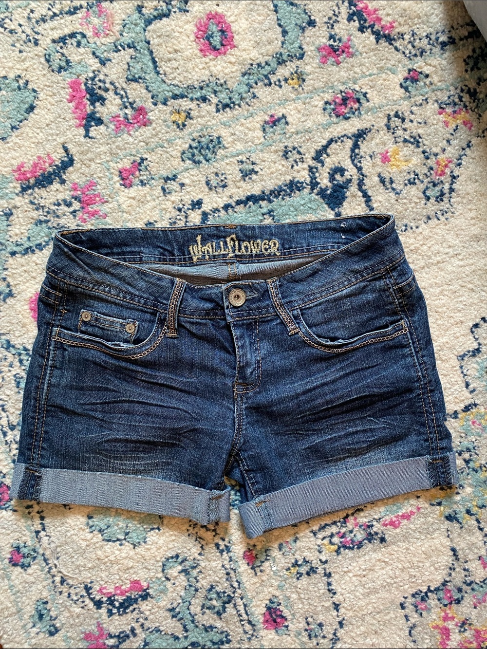 Wallflower Dark Blue Rolled Hem Denim Shorts
